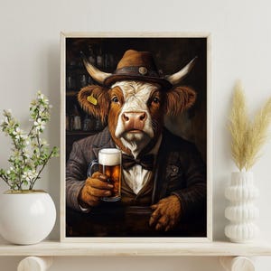 Highland Cow In Suit Poster, Highland Cow Print , Beer Poster, Vintage Cow Painting, Highland Cow Portrait, Animal Living Room Wall Art
