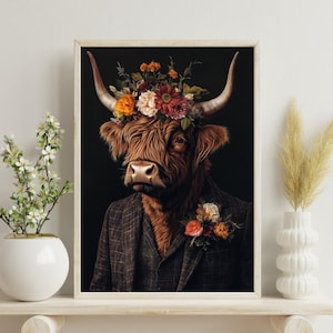 Highland Cow In Suit Poster, Highland Cow Print , Cow Poster, Vintage Cow Painting, Highland Cow Portrait, Animal Living Room Wall Art