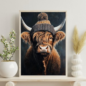 Highland Cow In Benie, Cow Hat , Cow Poster, Vintage Cow Painting, Highland Cow Portrait, Animal Living Room Wall Art