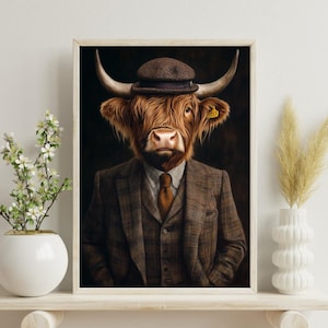 Highland Cow In Suit Poster, Highland Cow Print , Cow Poster, Vintage Cow Painting, Highland Cow Portrait, Animal Living Room Wall Art