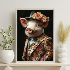 Pig in Floral Suit Print, Pig Poster, Funny Wall Art, Vintage Painting, Pig Portrait, Pig in top hat, Vintage Print, Vintage animal Print