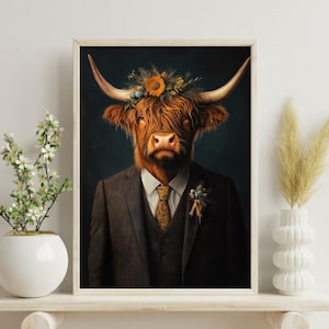 Highland Cow In Suit Poster, Highland Cow Print , Cow Poster, Vintage Cow Painting, Highland Cow Portrait, Animal Living Room Wall Art