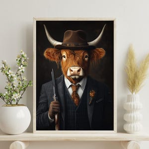 Highland Cow In Suit Poster, Highland Cow Print , Rifle Poster, Vintage Cow Painting, Highland Cow Portrait, Animal Living Room Wall Art