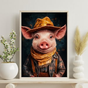 Pig In Farmer Hat, Pig Poster, Funny Wall Art, Vintage Painting, Pig Portrait, Farmer Pig, Vintage Print, Vintage animal Print