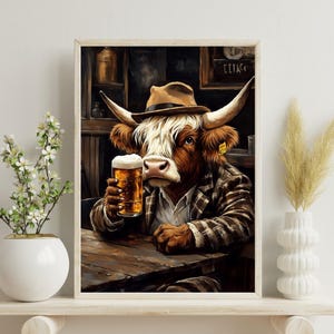 Highland Cow In Suit Poster, Highland Cow Print , Beer Poster, Vintage Cow Painting, Highland Cow Portrait, Animal Living Room Wall Art