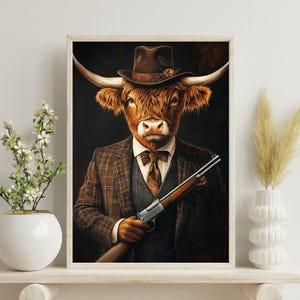 Highland Cow In Suit Poster, Highland Cow Print , Rifle Poster, Vintage Cow Painting, Highland Cow Portrait, Animal Living Room Wall Art