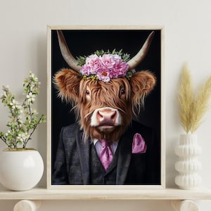 Highland Cow In Suit Poster, Highland Cow Print , Cow Poster, Vintage Cow Painting, Highland Cow Portrait, Animal Living Room Wall Art