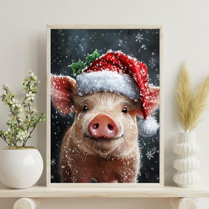 Pig in Santa hat Pig Poster, Funny Wall Art, Vintage Painting, Pig Portrait, Pig in coat, Vintage Print, Vintage animal Print