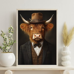Highland Cow In Suit Poster, Highland Cow Print , Cow Poster, Vintage Cow Painting, Highland Cow Portrait, Animal Living Room Wall Art