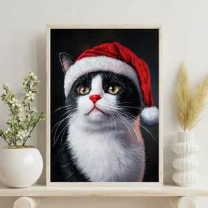 Black And White Cat Print, Christmas Print , Xmas Print,  Cute Cat Painting, Christmas Cat,   Animal Living Room Wall Art, Animal Wall Print