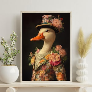 Duck In Floral Suit , Duck Poster, Funny Wall Art, Vintage Painting, Duck Portrait, Duck In Suit Print, Vintage Print, Vintage animal Print