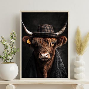 Highland Cow In Suit Poster, Highland Cow Print , Cow Poster, Vintage Cow Painting, Highland Cow Portrait, Animal Living Room Wall Art