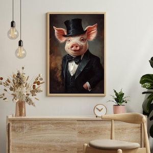 Pig in Suit Print, Pig Poster, Funny Wall Art, Vintage Painting, Pig Portrait, Pig in top hat, Vintage Print, Vintage animal Print