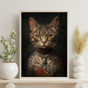 Impresión de gato tatuado, arte de pared de animales, impresión de pared moderna, póster de gato, arte de pared de sala de estar, impresión de pared de tatuaje, impresiones alternativas, impresión de gato