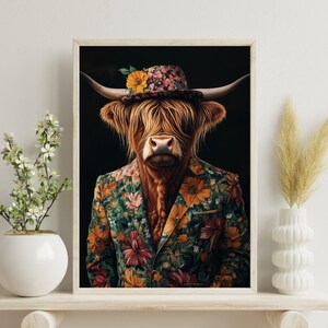 Highland Cow In Suit Poster, Highland Cow Print , Cow Poster, Vintage Cow Painting, Highland Cow Portrait, Animal Living Room Wall Art
