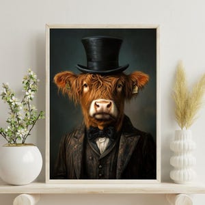 Highland Cow In Suit Poster, Highland Cow Print , Cow Poster, Vintage Cow Painting, Highland Cow Portrait, Animal Living Room Wall Art