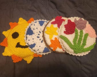 Crochet Pattern – 4 Seasons Coasters | Spring, Summer, Fall, Winter Table Decor | Digital PDF Pattern | Easy DIY Seasonal Crochet