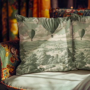 Groene toile-sierkussen, chinoiserie, Frans platteland, Toile de Jouy, Franse landelijke stijl, kussenhoes met landelijke scène, groen crème
