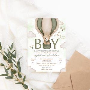 Baby Shower Boy Digital Invitation | Teddy Bear | Hot Air Balloon | Whimsical Clouds and Stars | Cute Animal | Green and Brown