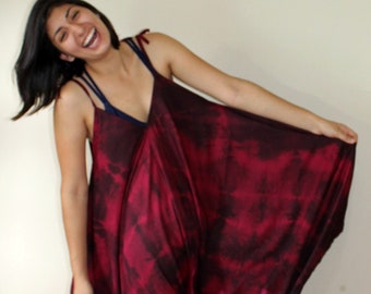 SOLUNA long romper, unique dyed in tiedye shibori techniques, one size fits all, in dark red in a light viscose fabric