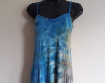 SOLUNA Spaggeti straps dress in a silky Organic Bamboo knit fabric adjustable to any body, shibori tiedyed blue with some green and yellow