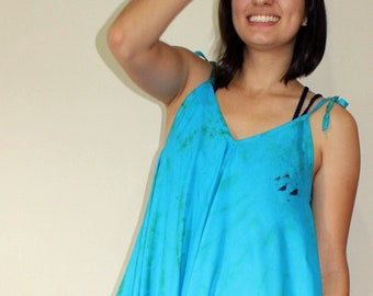 SOLUNA long romper, unique dyed in tiedye shibori techniques, one size fits all, in bright blue color in a light viscose fabric