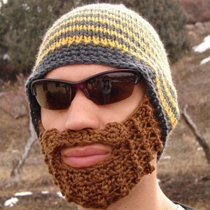 crochet beard beanie, knit beard hat, mens beard cap The Original Beard Beanie™ yellow and gray striped L/XL bearded mustache hat image 3