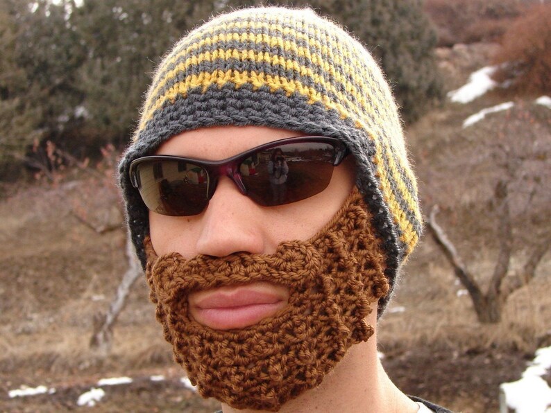 crochet beard beanie, knit beard hat, mens beard cap The Original Beard Beanie™ yellow and gray striped L/XL bearded mustache hat image 3