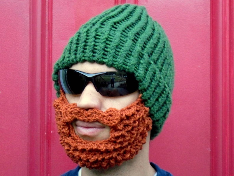 bearded lumberjack hat, green crochet beard hat, The Original Beard Beanie™ green beard hat, knit beard hat image 1