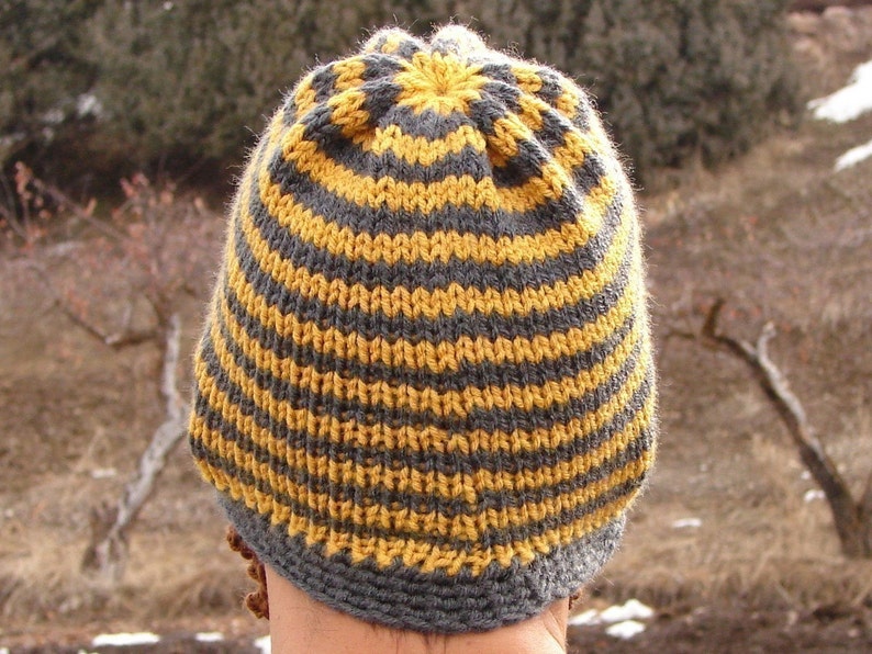 crochet beard beanie, knit beard hat, mens beard cap The Original Beard Beanie™ yellow and gray striped L/XL bearded mustache hat image 4