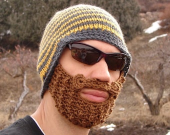crochet beard hat, crochet beard beanie, mens crochet beard hat, The Original Beard Beanie™ yellow and gray striped - S/M, knit beard hat