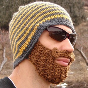 crochet beard beanie, knit beard hat, mens beard cap The Original Beard Beanie™ yellow and gray striped L/XL bearded mustache hat image 5