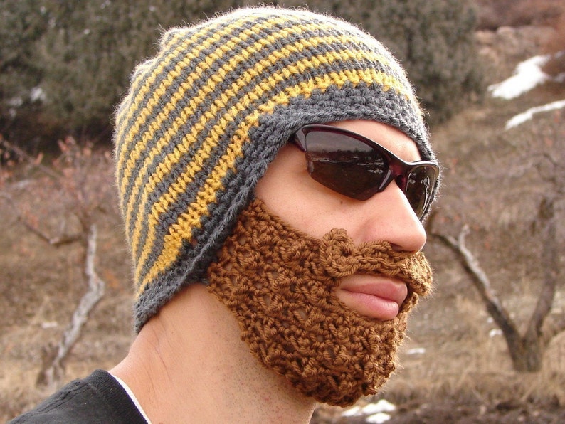 crochet beard beanie, knit beard hat, mens beard cap The Original Beard Beanie™ yellow and gray striped L/XL bearded mustache hat image 5