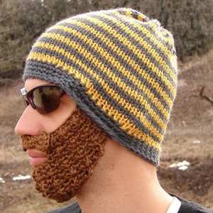 crochet beard beanie, knit beard hat, mens beard cap The Original Beard Beanie™ yellow and gray striped L/XL bearded mustache hat image 2