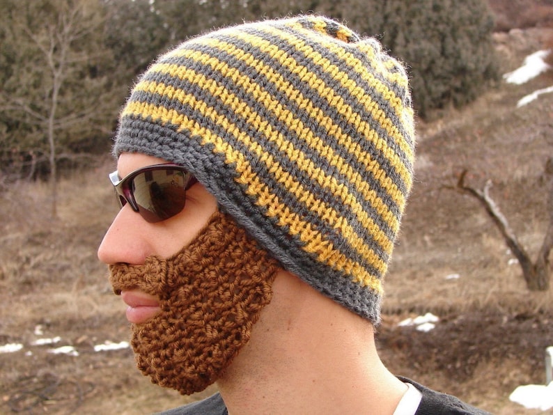 crochet beard beanie, knit beard hat, mens beard cap The Original Beard Beanie™ yellow and gray striped L/XL bearded mustache hat image 2