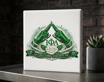 Iota Phi Lambda Sorority Ceramic Coaster | Green Hands, White Rose