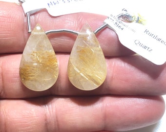 Golden Rutilated Quartz Gemstone Beads, 27x15 Almond Shape Drops To Make Earrings