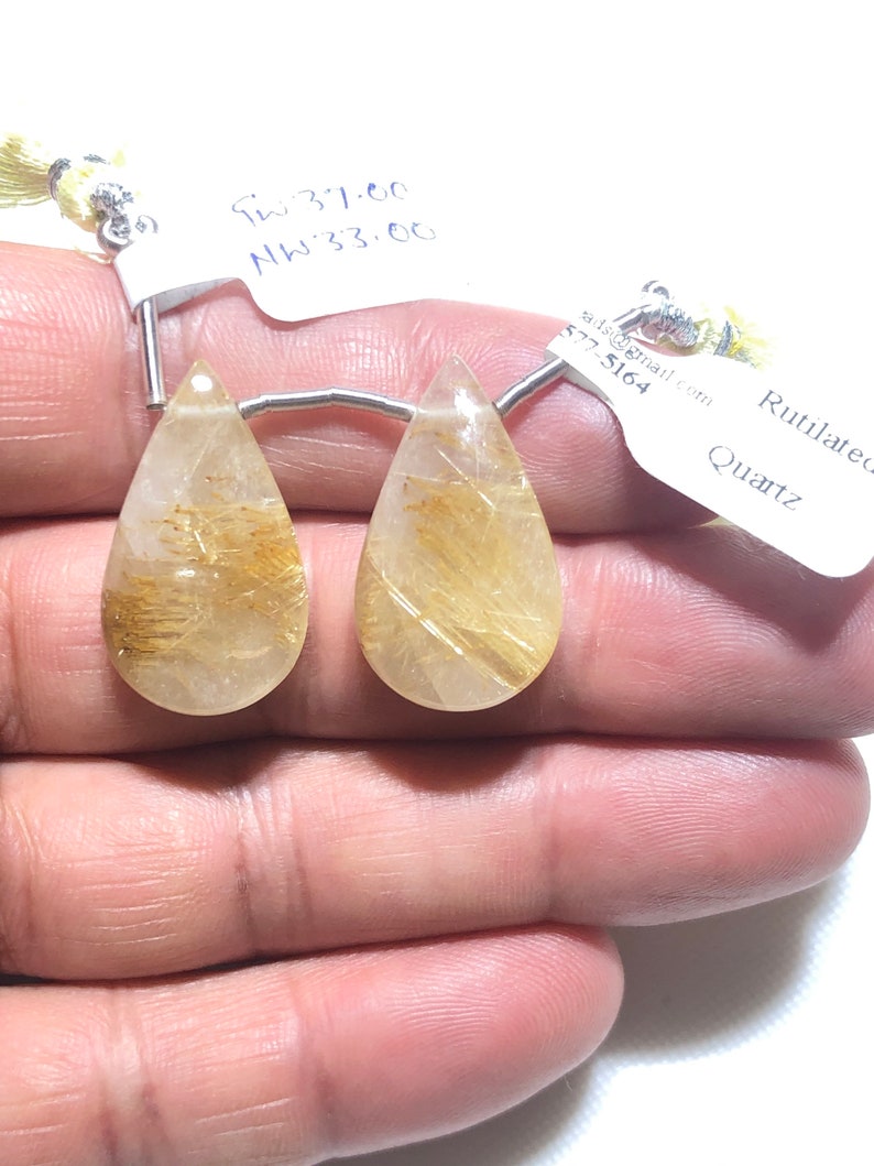 Golden Rutilated Quartz Gemstone Beads, 27x15 Almond Shape Drops To Make Earrings image 1