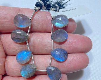 May include: A strand of eight pear-shaped labradorite gemstone beads with a silver wire and black tassel. The beads are a light blue colour with iridescent flashes of colour. The tag reads "GEMINI GEMS".