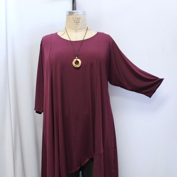 Coco and Juan, Plus Size Tunic, Lagenlook, Boho, Asymmetrical Top, Women’s Tunic Top, Plum, Burgundy, Traveler Knit Size 1, fits 1X,2X B 50"