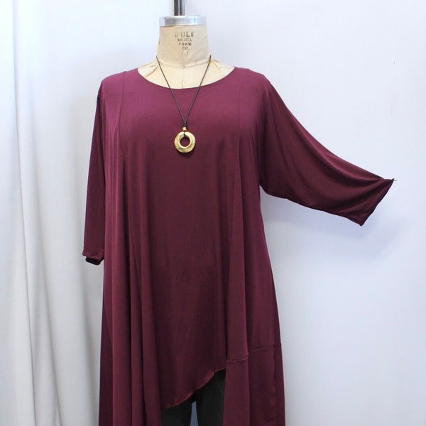 Coco and Juan, Plus Size Tunic, Lagenlook, Boho, Asymmetrical Top, Women’s Tunic Top, Fall, Plum, Traveler Knit Size 2, fits 3X,4X Bust 60"