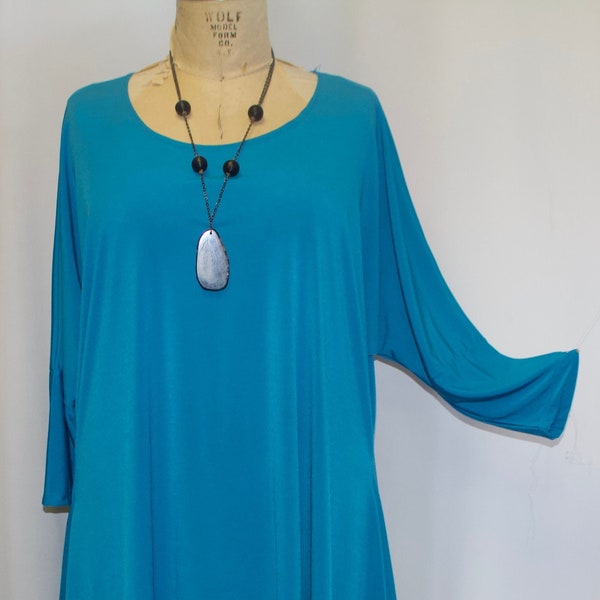 Lagenlook, Plus Size Tunic Top, Coco and Juan, Turquoise, Traveler Knit Drape Side Tunic, Womens Tunic Top, One Size Plus, 1X,2X,3X, B 60"