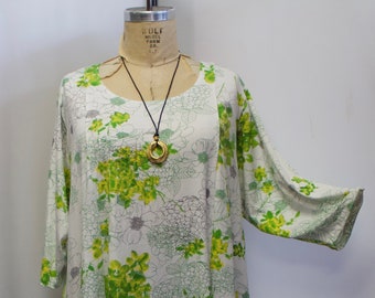 Coco and Juan, Lagenlook, Plus Size Top, Asymmetric Womens Tunic Top, Green, Yellow, Flower, Cotton Poly Knit Size 2 (fits 3X,4X) B:60"