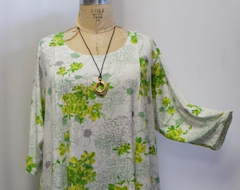 Coco and Juan, Plus Size Tunic, Lagenlook Tunic, Asymmetric Tunic Top, Green, Yellow Floral Flower Cotton Poly Knit  XL (fits 14,16) B 46"