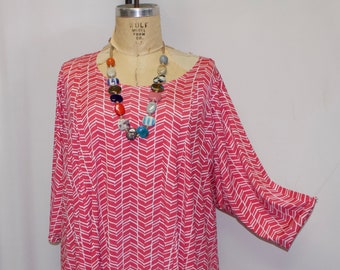 Coco and Juan, Lagenlook, Plus Size Top, Asymmetric Womens Tunic Top, Coral,  White, Chevron Print Polyester Knit Size 1 (fits 1X,2X) B:50"