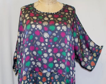 Plus Size Tunic Top, Coco and Juan, Lagenlook Plus Size Top, Teal Rose Heart Print Tunic Top Topper, One Size Plus, Fits 1X,2X,3X, B: 62"