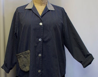 Plus Size Shirt, Plus Size Big Shirt, Plus Size Clothing, Lagenlook Top, Navy Stripe, Women's Shirt Jacket, Size Large  14,16, Bust to 54"