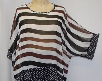 Plus Size Tunic Top, Coco and Juan, Lagenlook Plus Size Top, Black Brown Stripe, Tunic Top Topper, One Size Plus, Fits 1X,2X,3X, B: 62"