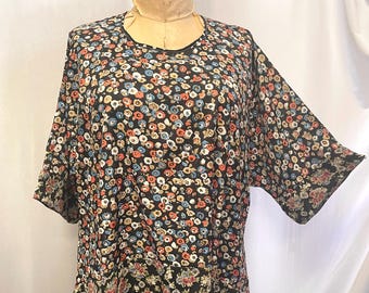 Plus Size Tunic Top, Coco and Juan, Lagenlook Plus Size Top, Mini Flower, Print, Black, Tunic Topper, One Size Plus, Fits 1X,2X,3X, B: 62"