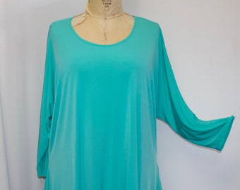 Womens Plus Size Top, Coco and Juan, Lagenlook Plus Size Tunic, Turquoise Green, Traveler Knit, Drape Sides, One Size 1X,2X,3X, B: 60"